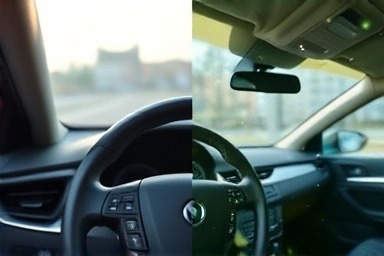 Split image: hazy car interior vs. clear, fresh interior after treatment.