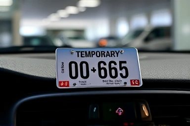 New car temporary license plate on dashboard