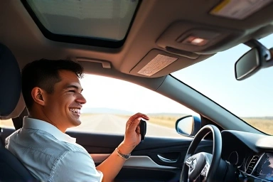Joyful driver in a new car, ready for a test drive.