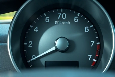Car speedometer at 80 km/h, representing optimal fuel efficiency.