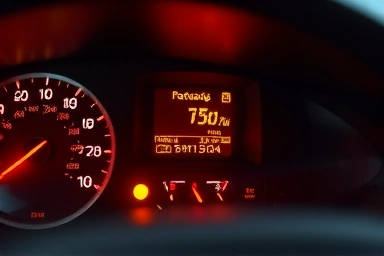 Car dashboard with check engine light and draining fuel.