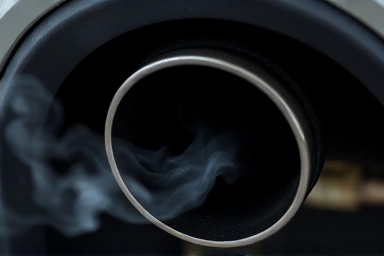 Car exhaust pipe emitting dark smoke, symbolizing pollution.