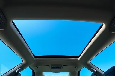 Car interior with open panoramic sunroof, bright sky view, spacious and luxurious