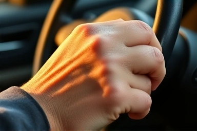 Driver's hands gripping perforated leather steering wheel