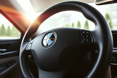 Car interior with focus on premium perforated leather steering wheel