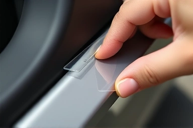 Close-up of car door edge and cup with protective PPF film.
