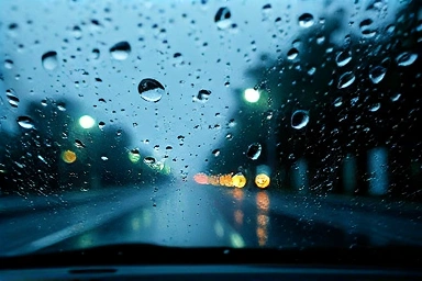 Car windshield during heavy rain with water beading effect.