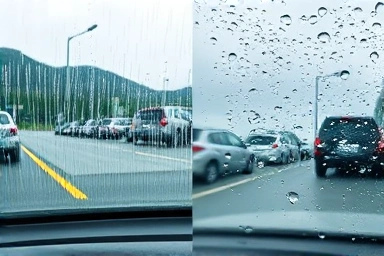 Split view of car windshields: streaked vs. beading water.