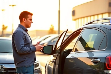Trustworthy used car dealer and shopper with transparent deal.