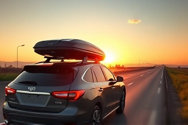 Car with aerodynamic roof box on highway at sunset