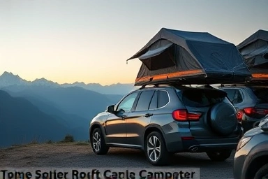 Rooftop tent on SUV at scenic campsite