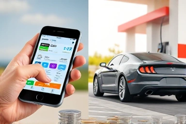 Smartphone app comparing gas prices and car at self-service pump.