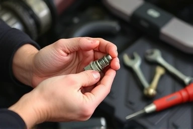 Mechanic inspecting car spark plug and coil assembly