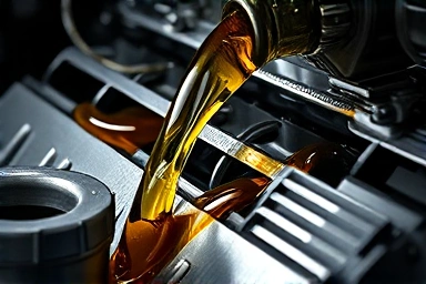 Close-up of a car engine with fresh synthetic oil flowing.
