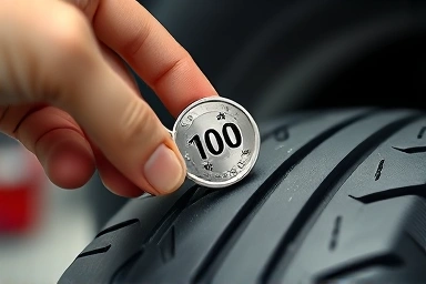 Hand holding 100 Won coin checking tire tread depth