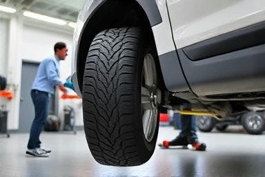 Car tires being rotated by mechanic in shop