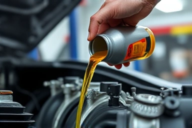 Mechanic pouring transmission fluid into car.
