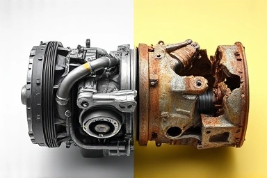 Symbolic image of healthy vs. damaged car transmission.