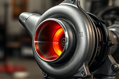 Gleaming turbocharger, engine heat, intricate metalwork, mechanic's workshop