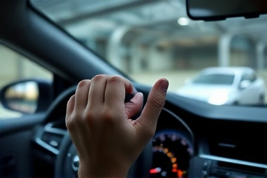 Car ignition off, driver's hand, careful maintenance, fading heat