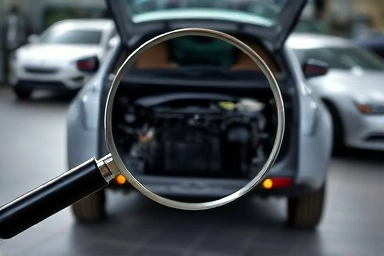 Magnifying glass revealing hidden damage on car chassis.