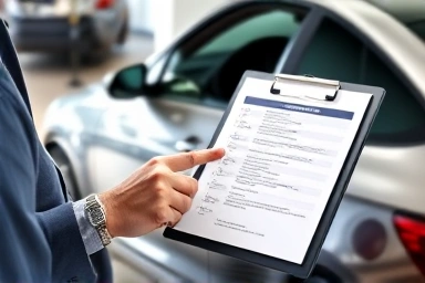 Person inspecting used car with checklist