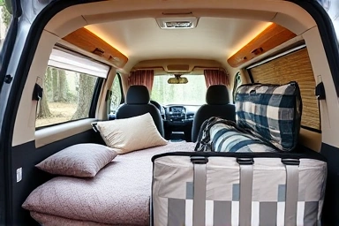 Cozy car camping interior with sleeping setup