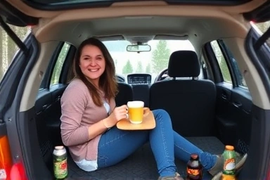 Enjoying a meal inside a converted car during outdoor trip