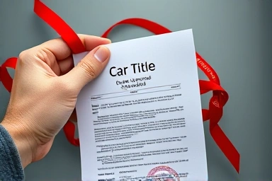 Hand untangling car title from legal red tape for safe transaction.