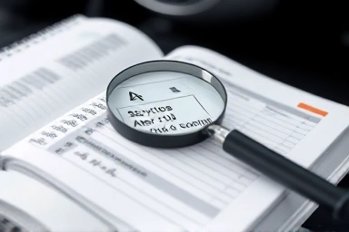 Close-up of car maintenance logbook with magnifying glass