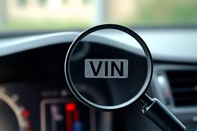 Magnifying glass over car VIN number plate for inspection.