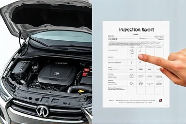 Comparing car engine bay with performance inspection report document.