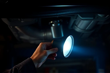 Mechanic inspecting car underside for hidden problems during test drive.