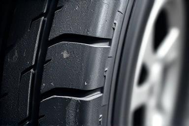 Worn-out car tire tread with visible cracks and shallow grooves.