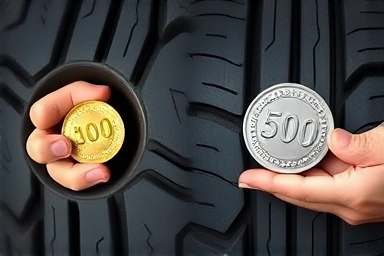 Tire tread depth comparison using a 100-won coin test.