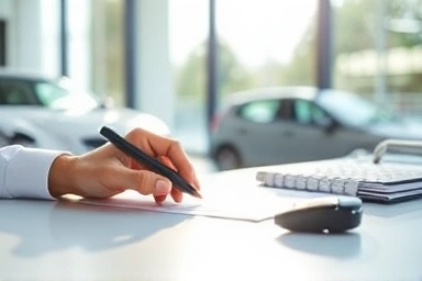 Person reviewing car paperwork and calculator.