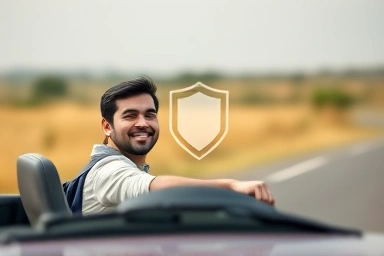 Happy driver with protected used car, symbolizing warranty.