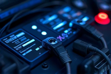 Intricate car battery wiring with a subtle blue glow.