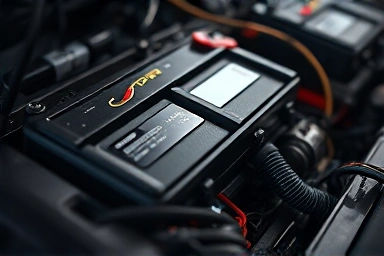 Close-up of a complex hybrid car battery pack.