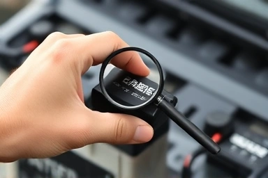 Hand inspecting a car battery with a magnifying glass.