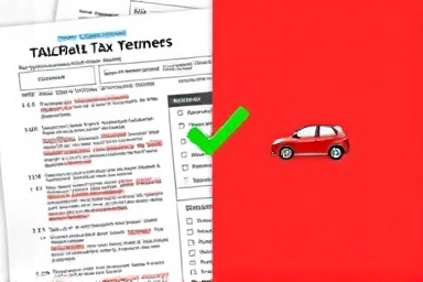 Tax document contrasted with a simplified light car icon and checkmark.