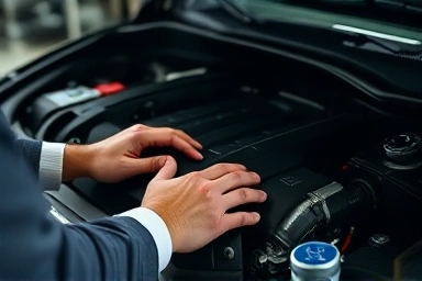 Expert hands inspecting a luxury car engine for maintenance.