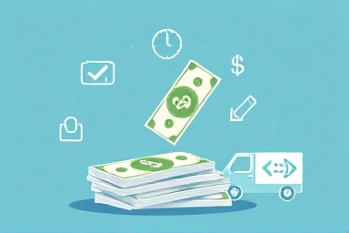 Business owner receiving money back with truck and van icons.