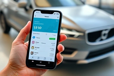Hand holding smartphone with car purchase app interface.