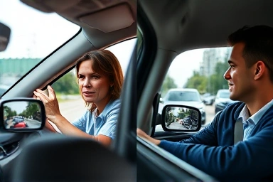 Driver gaining confidence with wide-angle side mirror, eliminating blind spots.