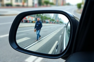 Close-up of curved wide-angle side mirror reflecting enhanced visibility.