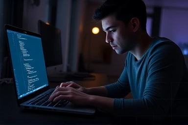 Developer coding on a high-performance laptop with 32GB RAM