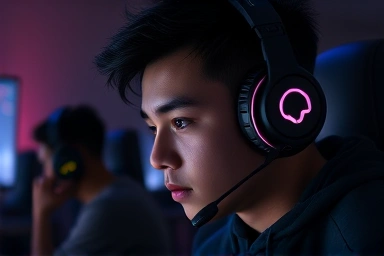 Gamer wearing advanced 7.1 channel gaming headset in focus