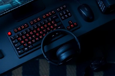Gamer's desk setup with 7.1 channel wireless headset