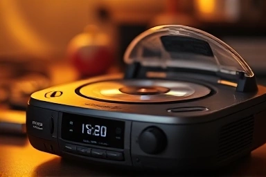 Vintage 90s portable CD player, nostalgic design, ambient light